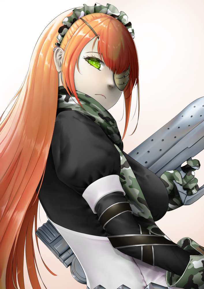 1girl bangs breasts closed_mouth cz2128_delta eta37 eyepatch gloves green_eyes gun hair_ornament holding holding_weapon large_breasts long_hair looking_at_viewer looking_back maid maid_headdress orange_hair overlord_(maruyama) scarf solo weapon