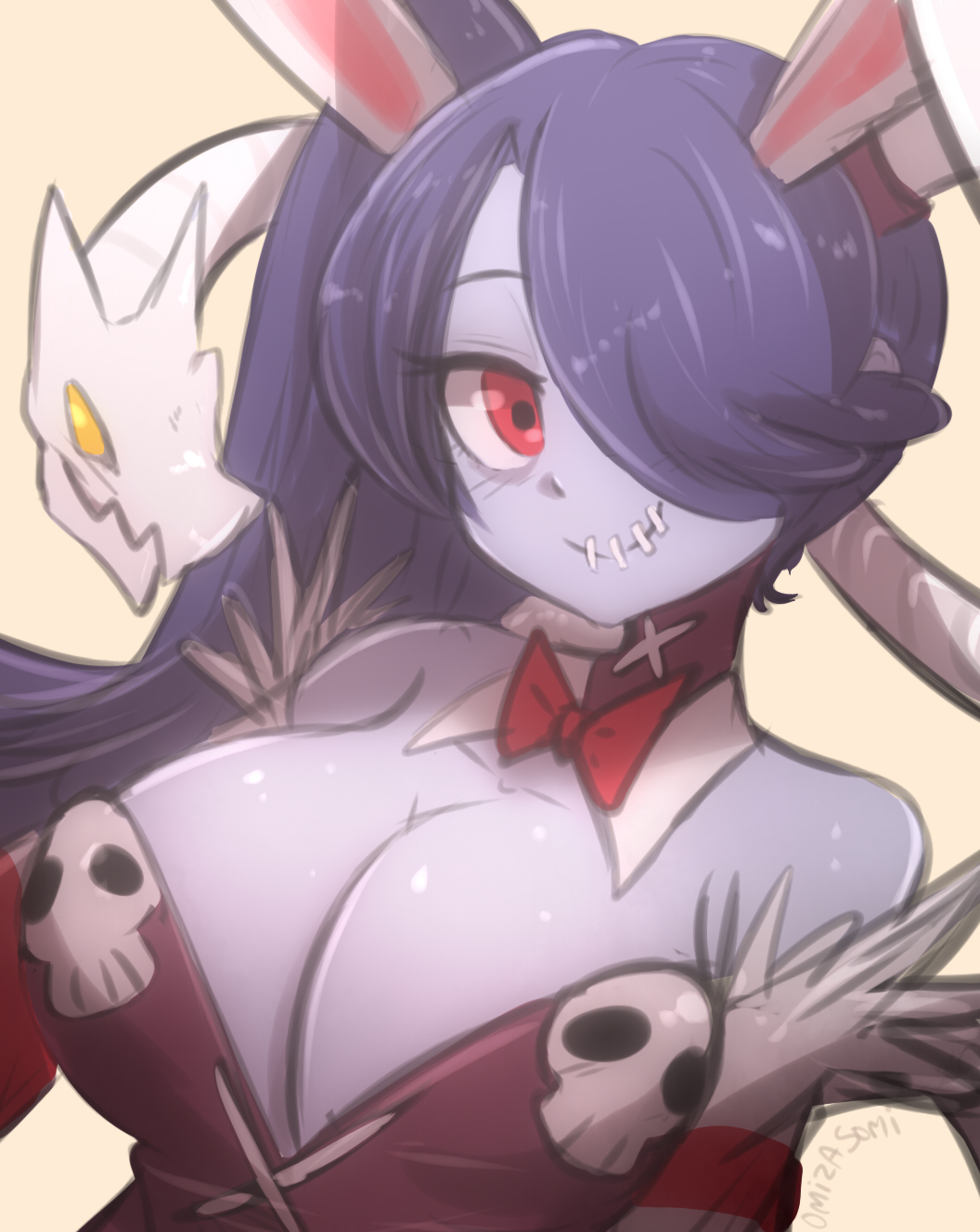 1girl animal_ears bare_shoulders blue_skin breasts bunny_ears bunnysuit cleavage hair_over_one_eyes highres large_breasts looking_at_viewer omiza_somi purple_hair red_eyes skullgirls smile solo squigly_(skullgirls) stitched_mouth stitches striped striped_sleeves zombie