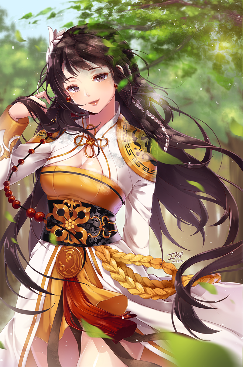 1girl bangs belt black_hair blush braid breasts cleavage commentary commentary_request cowboy_shot dated day dress dungeon_and_fighter earrings english_commentary grey_eyes hair_lift hair_ornament hand_in_hair highres ika_(4801055) japanese_clothes jewelry lips long_hair long_sleeves looking_at_viewer medium_breasts outdoors red_lips signature smile solo standing tree
