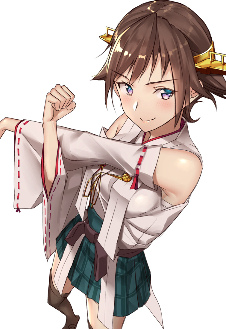 1girl blush boots breasts brown_hair closed_mouth detached_sleeves flipped_hair green_skirt hairband headgear hiei_(kantai_collection) japanese_clothes kantai_collection looking_at_viewer medium_breasts no_legwear nontraditional_miko pallad plaid purple_eyes ribbon-trimmed_sleeves ribbon_trim short_hair skirt solo thigh_boots thighhighs twitter_username
