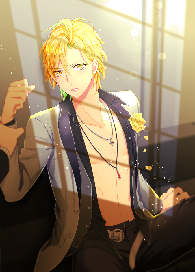 1boy belt blonde_hair cross cross_necklace flower formal hypnosis_mic izanami_hifumi jewelry kochi_(tinga) lips looking_at_viewer male_focus multiple_boys navel necklace open_clothes open_shirt out_of_frame pov rose solo_focus suit sweatdrop yellow_flower yellow_rose