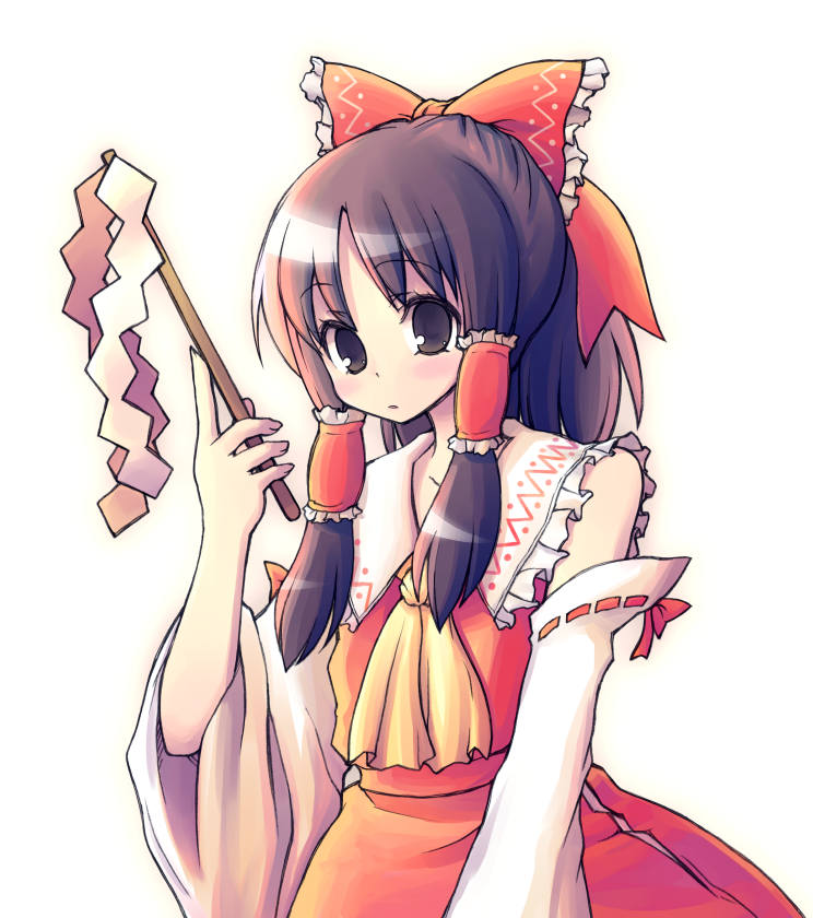 bow brown_eyes brown_hair collar detached_sleeves frills gohei hair_tubes hakurei_reimu kimarin long_sleeves red_bow ribbon-trimmed_sleeves ribbon_trim scot sidelocks simple_background solo stick touhou upper_body white_background