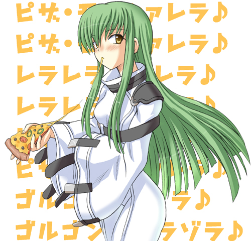 artist_request bangs blush bodysuit c.c. cheese_trail code_geass cowboy_shot eating eighth_note food green_hair holding_pizza long_hair lowres musical_note pizza slice_of_pizza solo white_bodysuit yellow_eyes