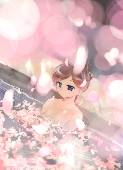 bath blurry bokeh cherry_blossoms depth_of_field ikeda_jun_(mizutamari) nude original petals solo water