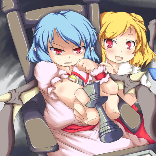 bat_wings blonde_hair blue_hair board_game chair chess fang flandre_scarlet foreshortening hand_to_own_mouth hands konata_gazel multiple_girls pointy_ears red_eyes remilia_scarlet rocking_chair siblings sisters touhou wings