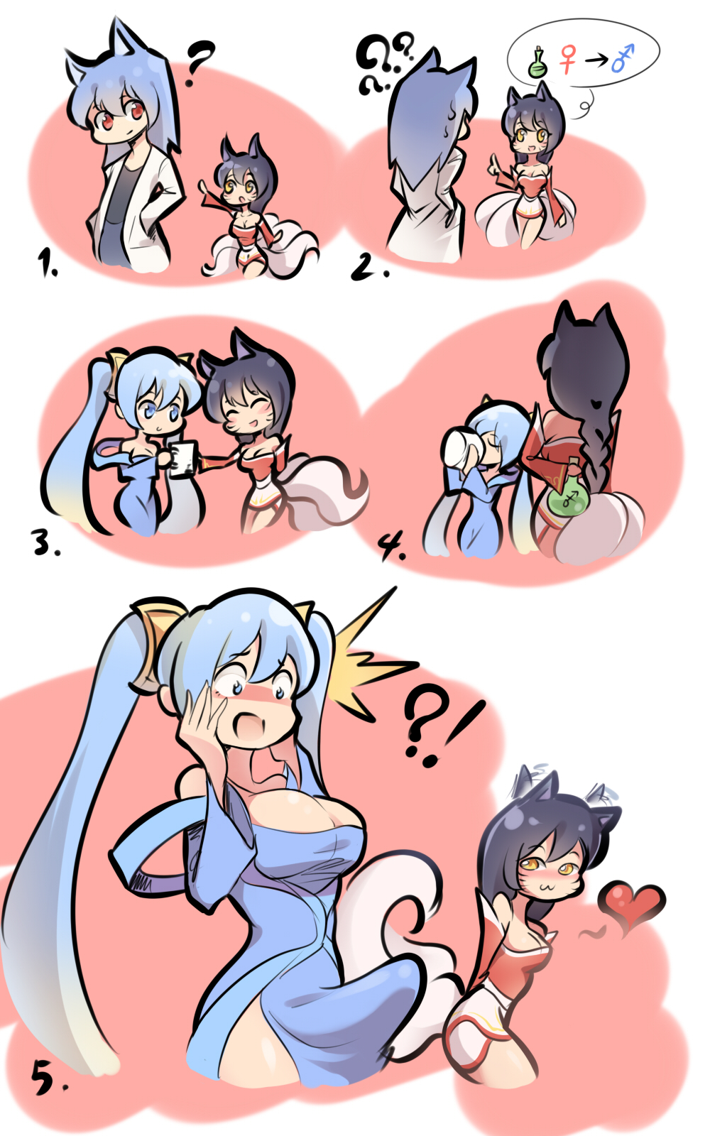 :3 ? ?! ??? ahri animal_ears aqua_hair bare_shoulders black_hair blue_eyes blue_hair blush braid breasts bulge character_request cleavage comic drinking erection erection_under_clothes fox_ears fox_tail futanari hands_in_pockets heart large_breasts league_of_legends long_hair mars_symbol multiple_girls no_panties open_mouth red_eyes smile sona_buvelle standing surprised sweatdrop tail tied_hair twintails venus_symbol xia_siren yellow_eyes