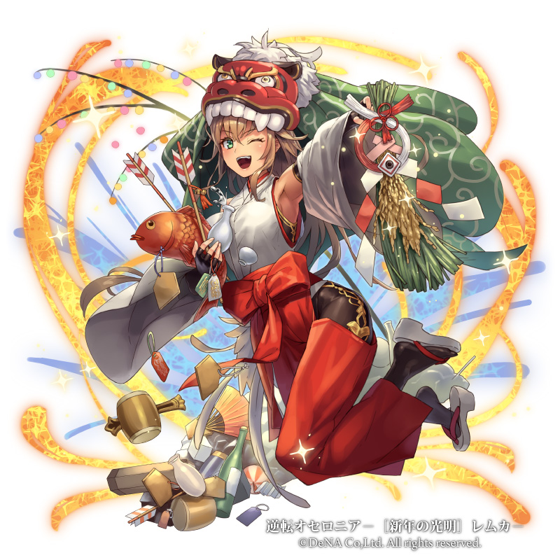 1girl ;d alcohol arrow ball black_gloves bottle bow brown_hair cuboon detached_sleeves ema fan fingerless_gloves fish full_body gloves green_eyes hakama hamaya japanese_clothes long_hair mallet mask mask_on_head miko new_year official_art omamori omikuji one_eye_closed open_mouth paper_fan red_bow red_hakama sake smile solo wine_bottle