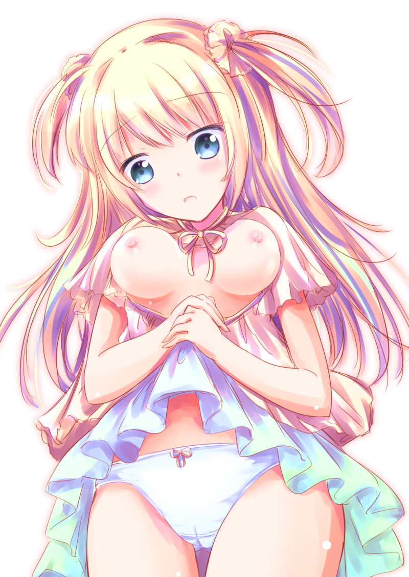 1girl bangs blonde_hair blue_eyes blue_skirt blush bow bow_panties breasts breasts_outside cameltoe commentary_request cowboy_shot eyebrows_visible_through_hair head_tilt lifted_by_self long_hair medium_breasts neck_ribbon nipples open_mouth original panties pink_shirt pleated_skirt ribbon shihou_haru shirt short_sleeves simple_background skirt skirt_lift solo two_side_up underwear white_background white_panties yellow_ribbon