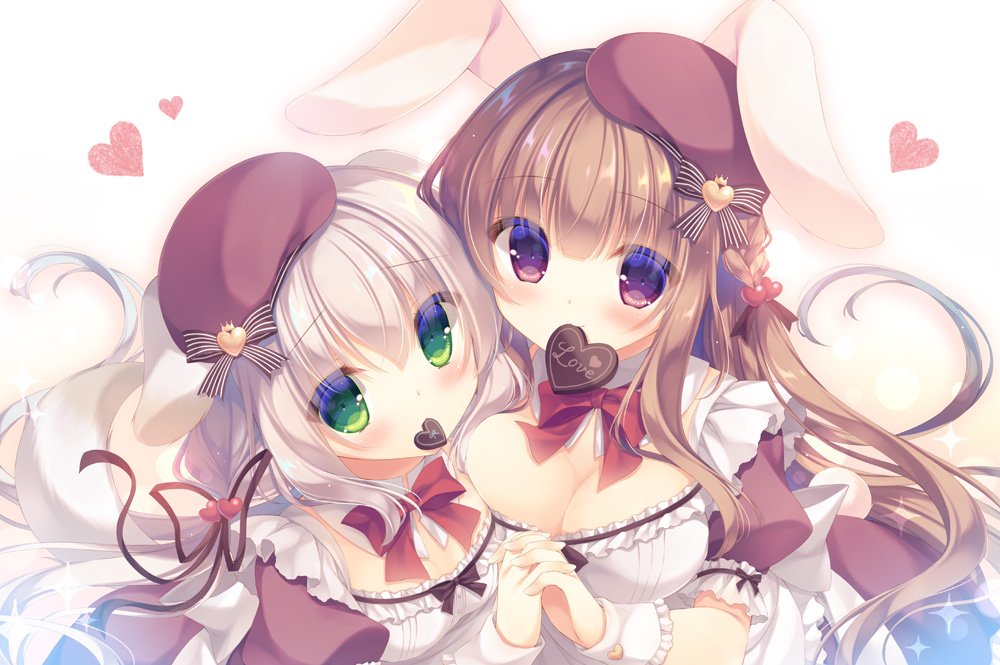 2girls animal_ears beret blush bow braid breasts brown_dress brown_eyes brown_hair bunny_ears bunny_girl bunny_tail chocolate chocolate_heart cleavage collar commentary_request detached_collar dog_ears dog_girl dog_tail dress fingernails food_in_mouth green_eyes hair_ornament hand_holding hat heart heart_hair_ornament interlocked_fingers large_breasts light_brown_hair long_hair looking_at_viewer mouth_hold multiple_girls original puffy_short_sleeves puffy_sleeves red_bow red_hat short_sleeves small_breasts smile sparkle tail valentine very_long_hair white_collar wrist_cuffs yukie_(peach_candy)