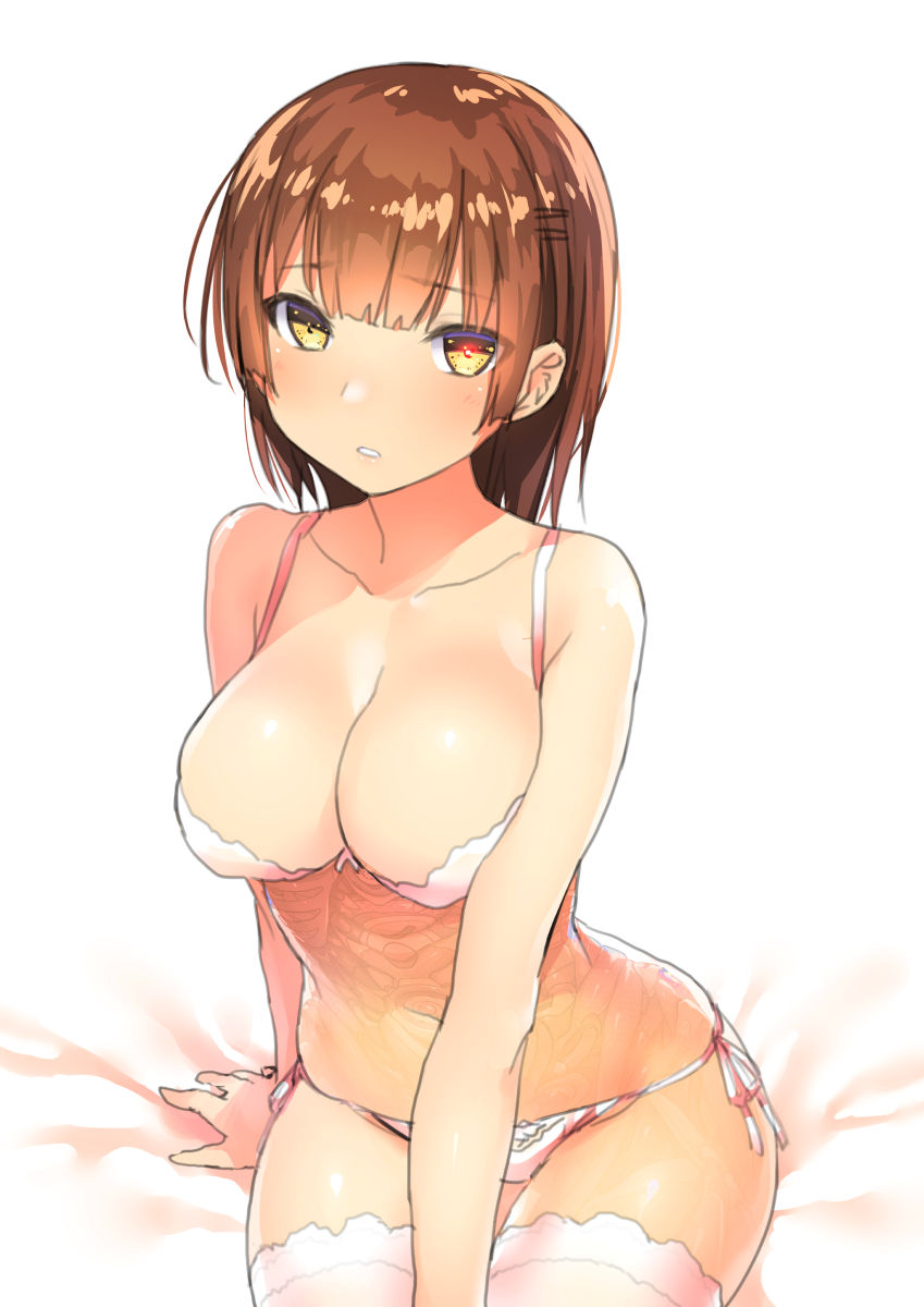 1girl android bangs bare_arms bare_shoulders bed_sheet blush body_(bacoborn) bow bow_panties bra breasts brown_hair cleavage collarbone commentary_request eyebrows_visible_through_hair hair_ornament hairclip highres large_breasts looking_at_viewer mecha_musume original panties parted_lips side-tie_panties sitting solo thighhighs transparent underwear white_background white_bra white_legwear white_panties yellow_eyes