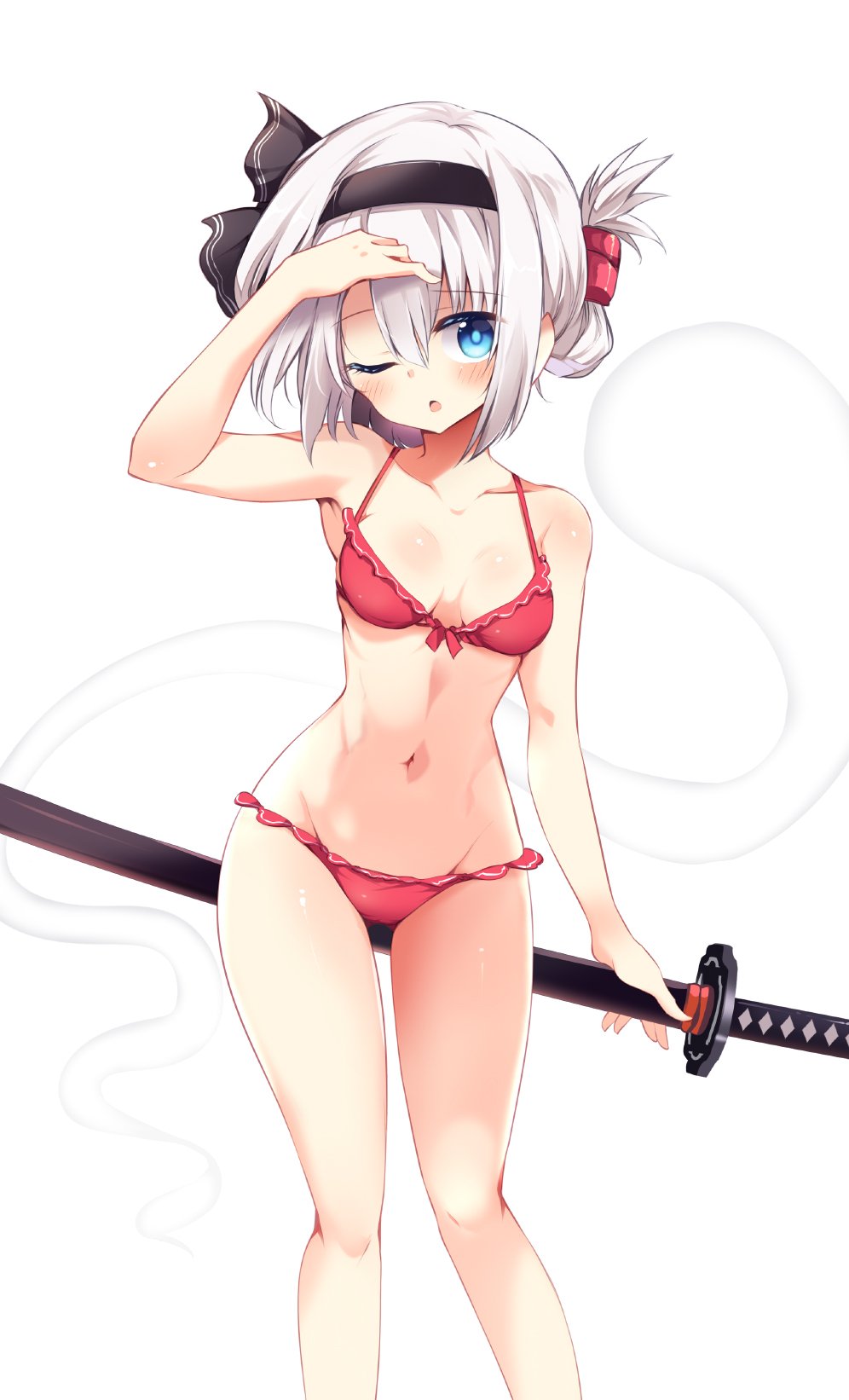 1girl ;o arm_up bangs bare_arms bare_legs bare_shoulders bikini black_hairband black_ribbon blue_eyes blush breasts collarbone commentary_request eyebrows_visible_through_hair feet_out_of_frame groin hair_between_eyes hair_ribbon hairband highres hitodama holding holding_sword holding_weapon katana konpaku_youmu konpaku_youmu_(ghost) maturiuta_sorato medium_breasts navel one_eye_closed parted_lips red_bikini ribbon scabbard sheath sheathed short_hair silver_hair simple_background solo standing stomach swimsuit sword thighs tied_hair touhou weapon white_background