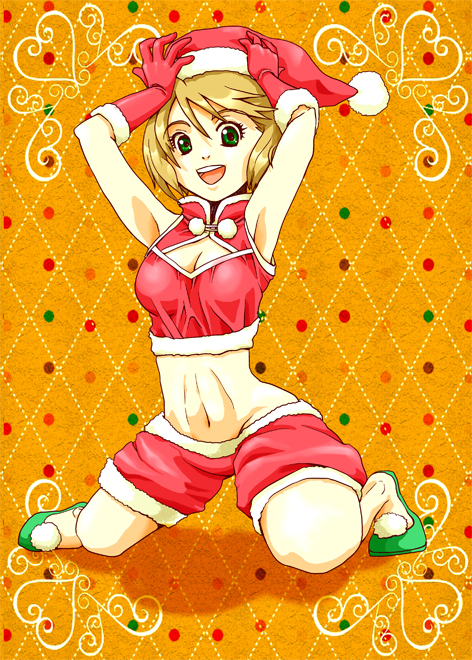 blonde_hair breasts christmas cleavage cleavage_cutout elbow_gloves eyelashes gloves green_eyes hands_on_headwear huang_baoling medium_breasts midriff navel santa_costume short_hair shorts slippers solo tiger_&amp;_bunny yaucop