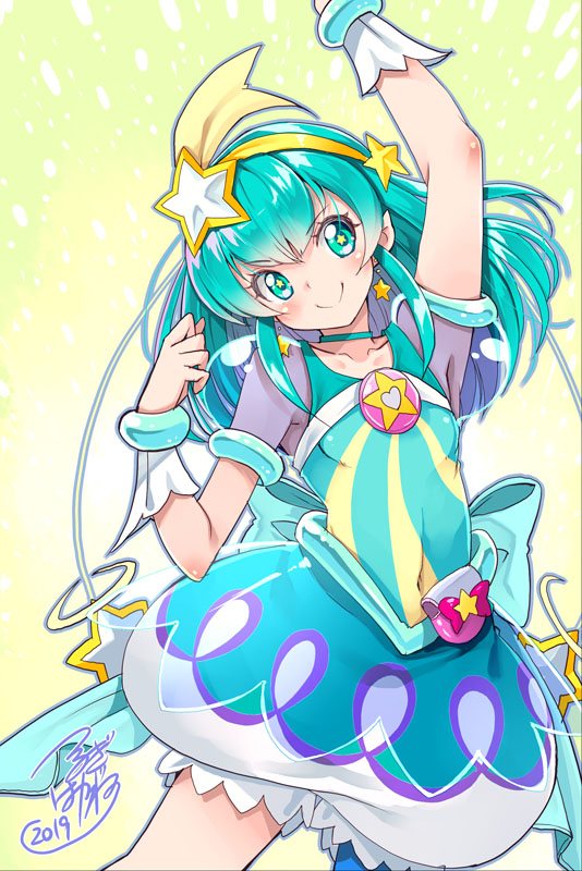 1girl 2019 arm_up armpits back_bow bloomers blue_bow blue_eyes blue_hair blue_neckwear bow choker closed_mouth cure_milky earrings hagoromo_lala hair_ornament jewelry long_hair looking_at_viewer magical_girl pointy_ears precure puffy_sleeves see-through signature smile solo star star_earrings star_hair_ornament star_in_eye star_twinkle_precure symbol_in_eye tsurugi_hagane underwear wrist_cuffs yellow_background