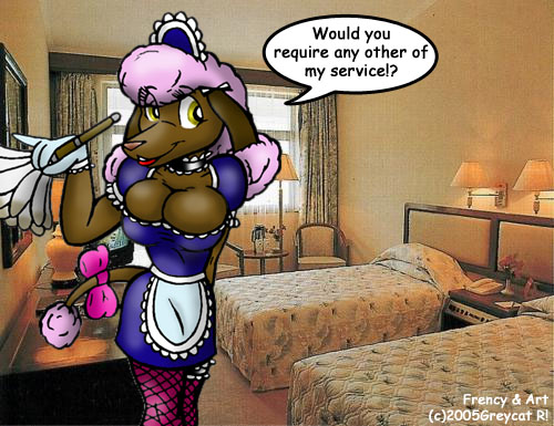 apron big_breasts bow breasts canine dog feather_duster female frenchie greycat_rademenes hair maid maid_uniform mammal mixed_media panties poodle purple_hair solo underwear yellow_eyes