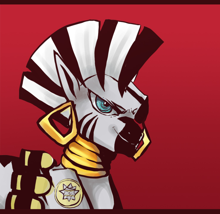 demoman_(team_fortress_2) ear_piercing earring equine eye_patch eyewear female friendship_is_magic jewelry mammal my_little_pony piercing plain_background red_background shepherdessu smile stripes team_fortress_2 valve zebra zecora_(mlp)