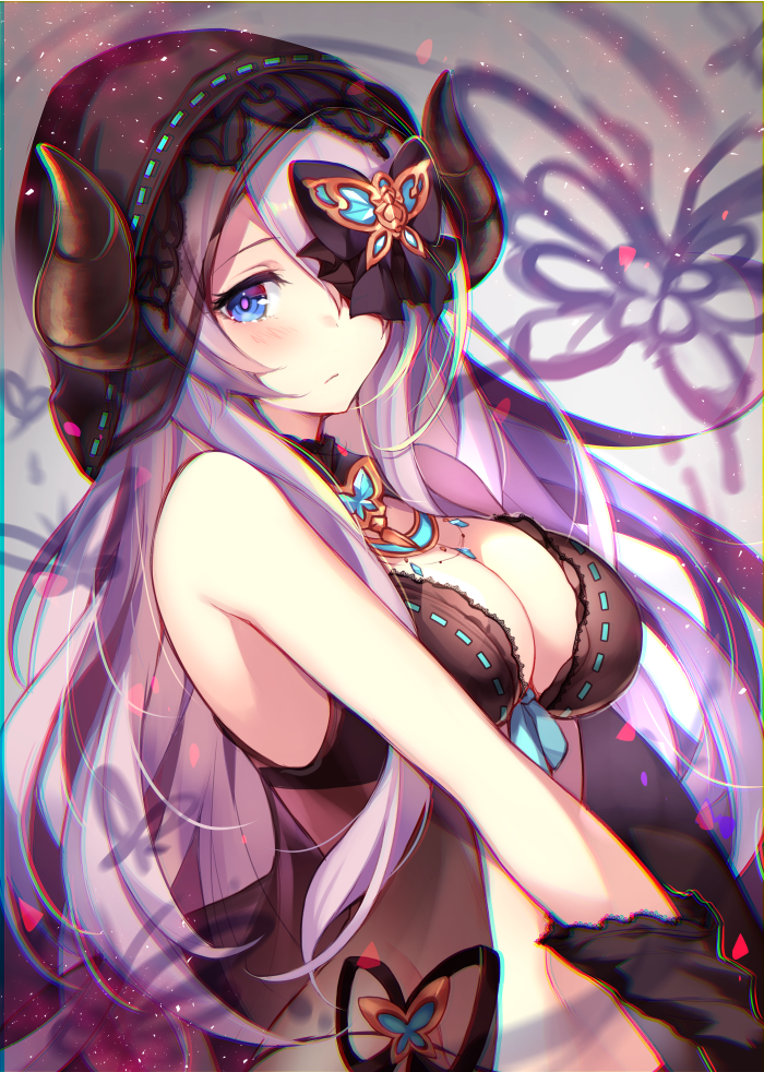 bare_shoulders blue_eyes breasts cleavage commentary_request gloves granblue_fantasy hair_ornament hair_over_one_eye hair_ribbon homaderi hood horns large_breasts lavender_hair lingerie long_hair narmaya_(granblue_fantasy) narumeia_(granblue_fantasy) navel ribbon see-through solo underwear