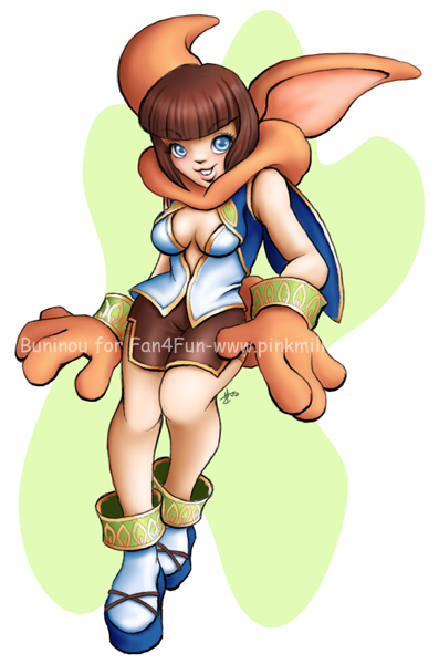 annoying_watermark blue_eyes breasts brown_hair buninou chrono_cross clothed clothing female hair janice lagomorph looking_at_viewer mammal rabbit short_brown_hair short_hair smile solo video_games watermark