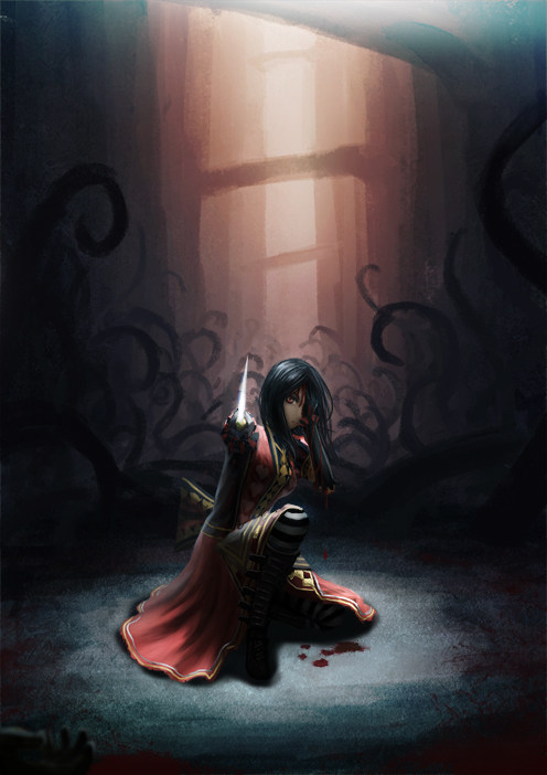 alice:_madness_returns alice_(wonderland) alice_in_wonderland black_hair blood boots covering_face dress knee_boots kneeling knife long_hair pantyhose plant red_eyes solo striped striped_legwear vines zi_ye_(hbptcsg2)