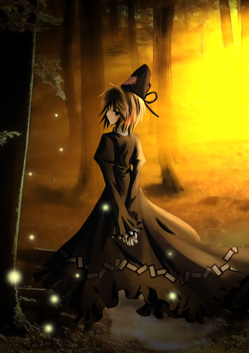 arms_behind_back brown_dress brown_eyes brown_hair dress forest from_behind green_dress hat langlang lights looking_back nature short_hair soga_no_tojiko solo sunset touhou