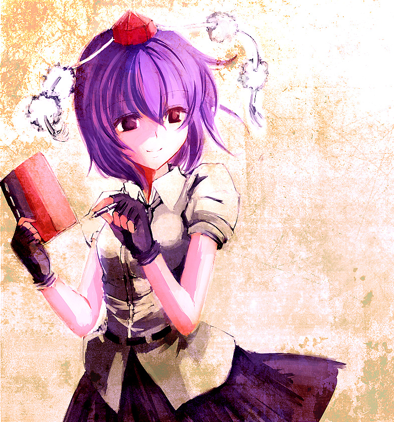 alternate_hair_color fingerless_gloves gloves hat looking_at_viewer mark_(heaven) notebook pen pom_pom_(clothes) purple_hair red_eyes shameimaru_aya short_hair smile solo tengu tokin_hat touhou