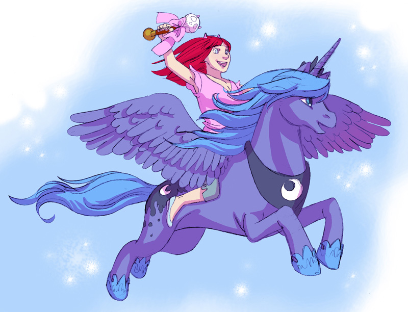 alicorn crossover cutie_mark demon diva_beelze duo equine evil_diva female feral flying friendship_is_magic hair horn horse long_blue_hair long_hair long_red_hair mammal my_little_pony pony princess princess_luna_(mlp) red_hair royalty skull smile tail team_diva wand winged_unicorn wings