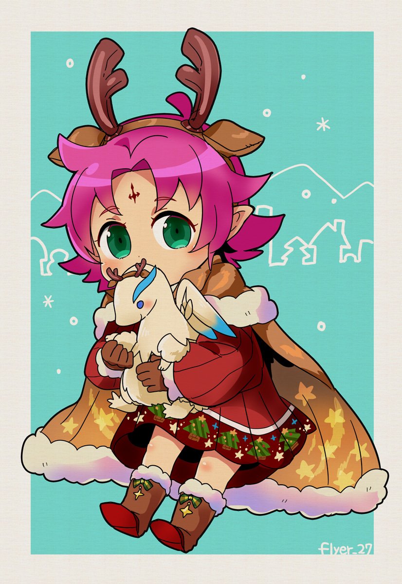 1girl antlers artist_name boots brown_gloves cape character_doll commentary_request dress fa facial_mark fire_emblem fire_emblem:_fuuin_no_tsurugi fire_emblem_heroes flyer_27 forehead_mark fur_trim gloves green_eyes highres long_sleeves nintendo pointy_ears purple_hair reindeer_antlers short_hair solo