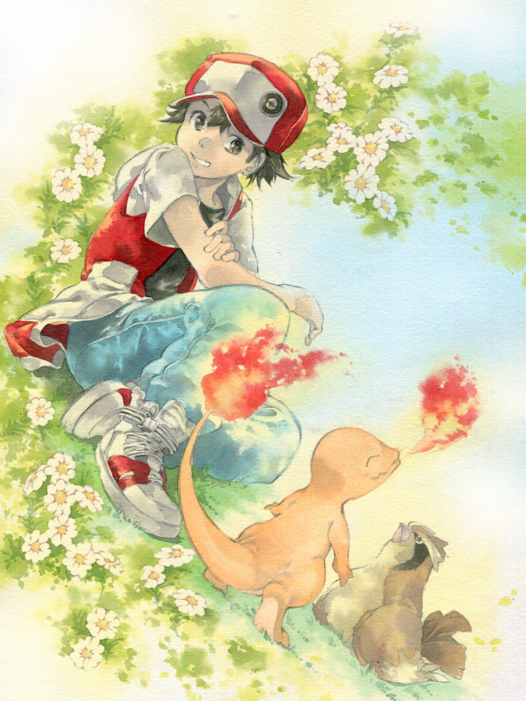 boy cap charmander flower hat issun_boushi_(ilmtkimoti) pidgey pokemon pokemon_(game) pokemon_red_and_green pokemon_rgby red_(pokemon) red_(pokemon)_(classic)
