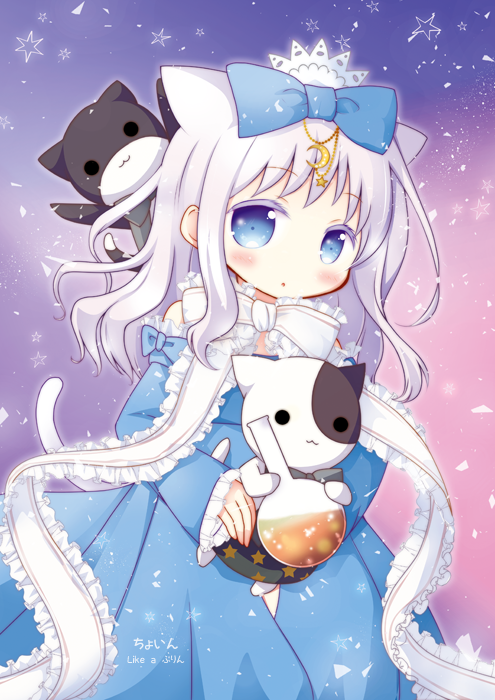 1girl :o animal bangs blue_bow blue_dress blue_eyes blush bow cat choin colored_eyelashes commentary_request crescent detached_sleeves dress eyebrows_visible_through_hair frilled_bow frilled_ribbon frilled_sleeves frills hair_bow kirara_fantasia long_hair long_sleeves looking_at_viewer parted_lips pleated_dress ribbon round-bottom_flask sengoku_kamuri silver_hair sleeves_past_wrists slow_start solo star tiara white_bow white_ribbon