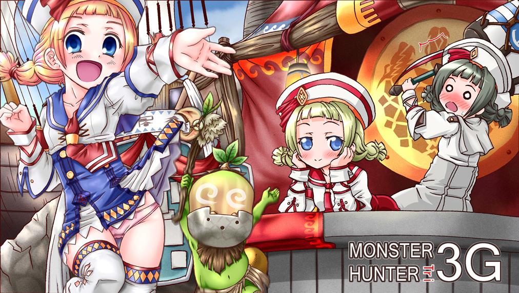 arena_clerk_(monster_hunter_3_ultimate) blonde_hair blue_eyes cha-cha character_request dixie_cup_hat hat kanon_(kurogane_knights) military_hat monster_hunter monster_hunter_3_g multiple_girls panties quest_receptionist_(monster_hunter_3_ultimate) sailor sailor_collar sailor_hat skirt thighhighs underwear white_legwear