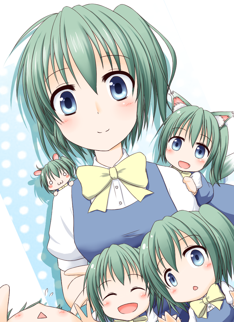 :&lt; :3 animal_ears blue_dress blue_eyes blush bow cat_ears chibi child closed_eyes daiyousei dress edamame_(barium) fang green_hair multiple_girls open_mouth shirt short_hair side_ponytail smile touhou