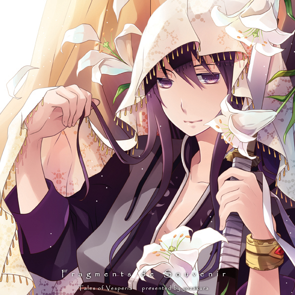 black_hair brown_background copyright_name flower hair_between_eyes holding holding_hair lily_(flower) long_hair male_focus object_namesake purple_eyes purple_hair solo sword tales_of_(series) tales_of_vesperia veil weapon yuri_lowell zozakura