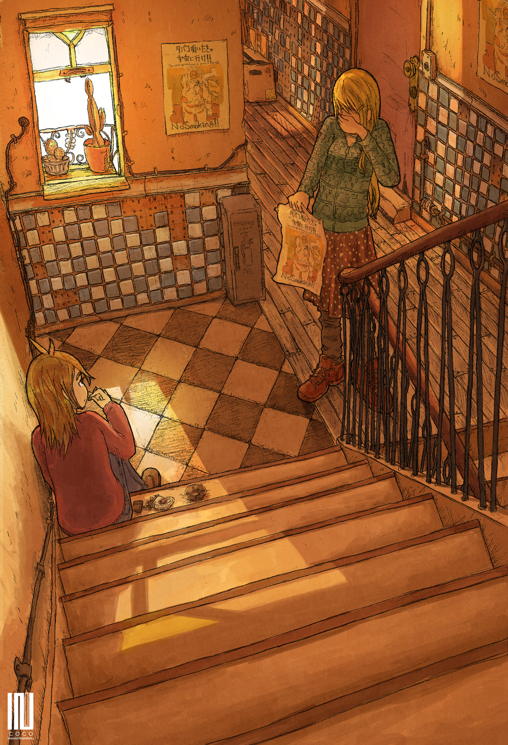 antenna_hair blonde_hair box cactus cardboard_box checkered checkered_floor cigarette fire_extinguisher hair_ornament hairclip highres inukoko long_hair multiple_girls no_smoking original plant potted_plant sitting sitting_on_stairs smoking stairs tiles window