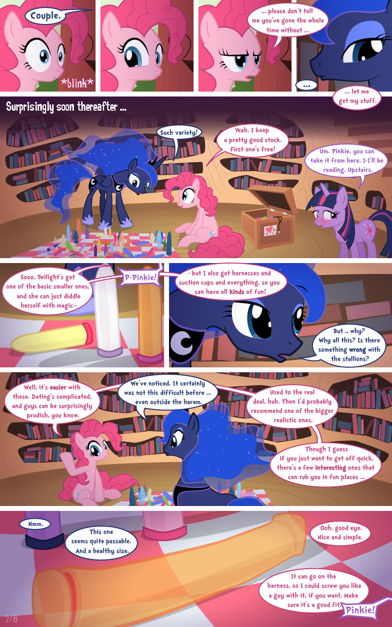 alicorn blue_eyes blue_hair blush book comic cutie_mark dialog dialogue dildo english_text equine female feral friendship_is_magic group hair horn horse lesbian mammal my_little_pony pink_hair pinkie_pie_(mlp) pony princess_luna_(mlp) purple_eyes purple_hair sex_toy syoee_b text twilight_sparkle_(mlp) unicorn winged_unicorn wings