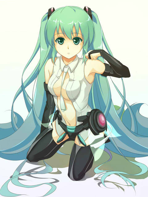 between_breasts breasts bridal_gauntlets center_opening elbow_gloves gloves green_eyes green_hair hatsune_miku hatsune_miku_(append) kizen3 kneeling long_hair necktie simple_background solo thighhighs twintails very_long_hair vocaloid vocaloid_append