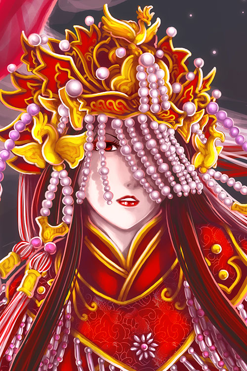 antaria beads bride character_request chinese_clothes eyelashes eyeshadow fengguan hair_ornament jewelry lips looking_at_viewer makeup one_eye_covered parted_lips pearl pili_budaixi red_eyes red_lips solo upper_body