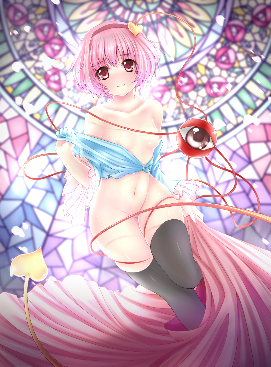 bad_id bad_pixiv_id bare_shoulders black_legwear blurry bottomless breasts collarbone depth_of_field eyeball groin hairband heart highres komeiji_satori navel nipples no_bra off_shoulder open_clothes open_shirt pink_eyes pink_hair shirt short_hair skirt skirt_pull small_breasts solo stained_glass thighhighs third_eye touhou weisuoxin