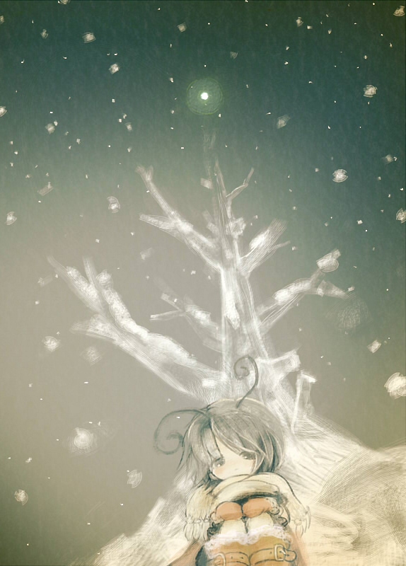 alternate_hair_color antennae bad_id bad_pixiv_id bare_tree buckle covering_mouth from_below gloves grey_hair k_no_hito night scarf short_hair sitting snow snowing solo touhou tree winter winter_clothes wriggle_nightbug
