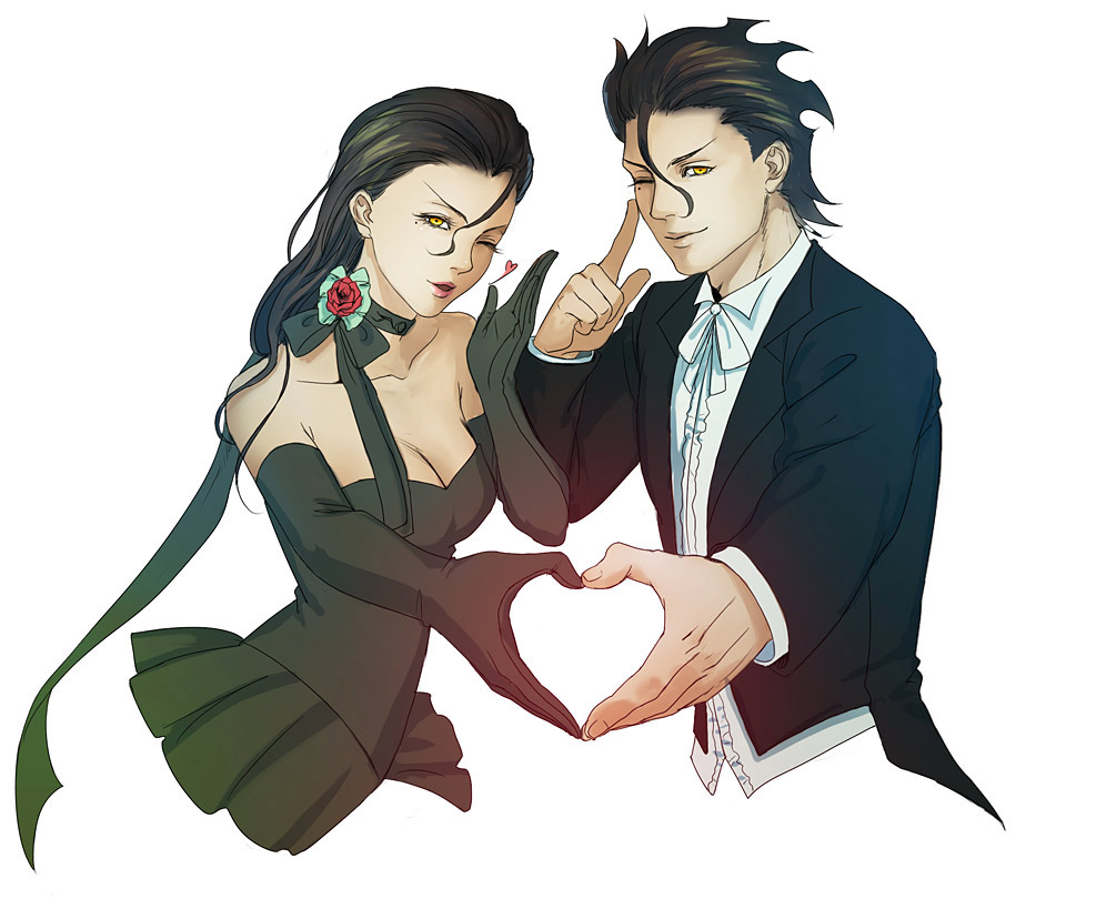 1girl bad_id bad_pixiv_id bare_shoulders black_hair blown_kiss breasts cleavage dress dual_persona elbow_gloves fate/zero fate_(series) formal genderswap genderswap_(mtf) gloves green_hair heart heart_hands heart_hands_duo killedcat lancer_(fate/zero) long_hair medium_breasts one_eye_closed strapless strapless_dress suit yellow_eyes