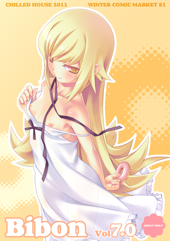 aoi_kumiko bakemonogatari bare_shoulders blonde_hair blush collarbone cover cover_page doughnut doujin_cover dress flat_chest food from_above long_hair monogatari_(series) mouth_hold nipples oshino_shinobu pointy_ears rating ribbon ribbon_in_mouth see-through solo strap_slip white_dress yellow_eyes