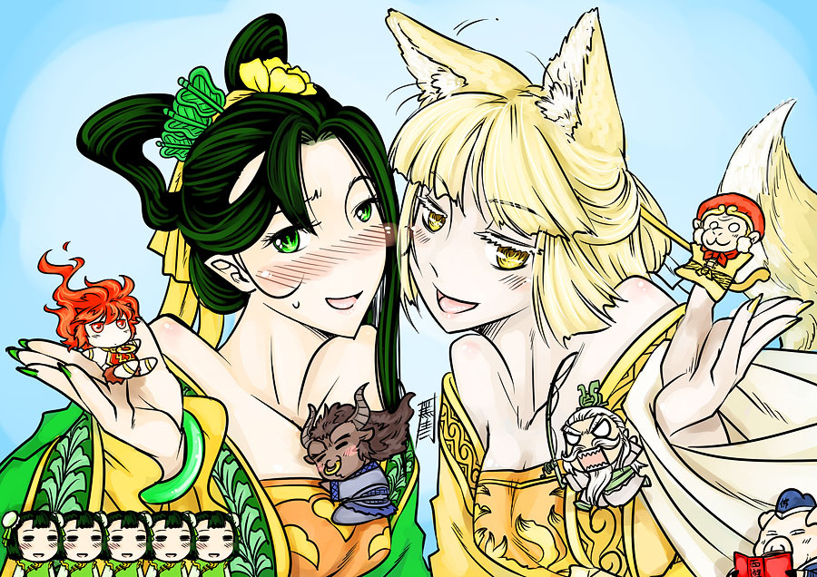 6+girls animal_ears annotation_request antaria bare_shoulders blush character_request chibi fan fox_ears fox_tail green_eyes hong_hai-er journey_to_the_west multiple_boys multiple_girls niu_mo_wang open_mouth signature sun_wukong tail tie_shan_gongzhu yellow_eyes yu_mian_gongzhu zhu_bajie