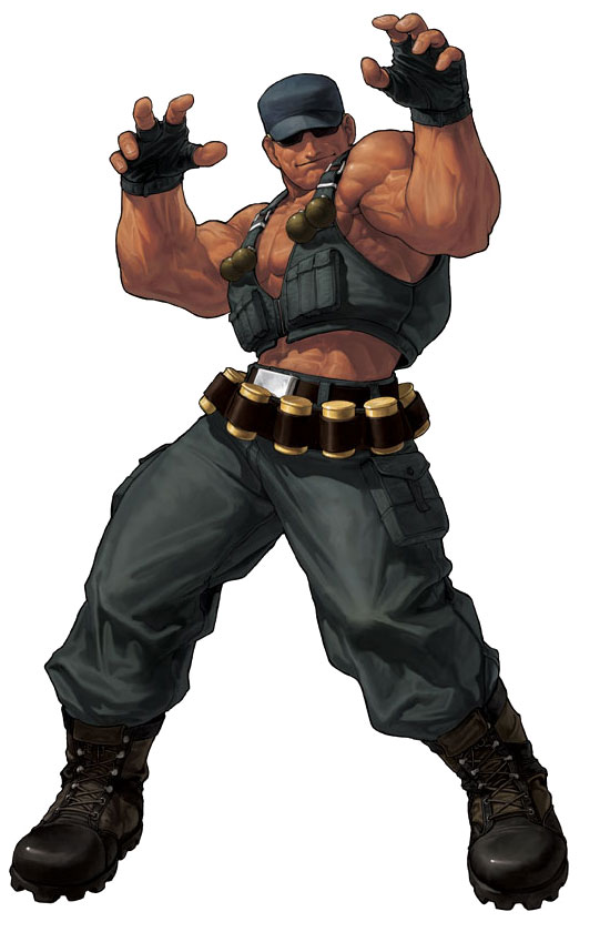 bandolier baseball_cap belt boots clark_still explosive fighting_stance fingerless_gloves gloves grenade hat male_focus midriff military military_uniform muscle official_art ogura_eisuke solo sunglasses tan the_king_of_fighters the_king_of_fighters_xii uniform vest