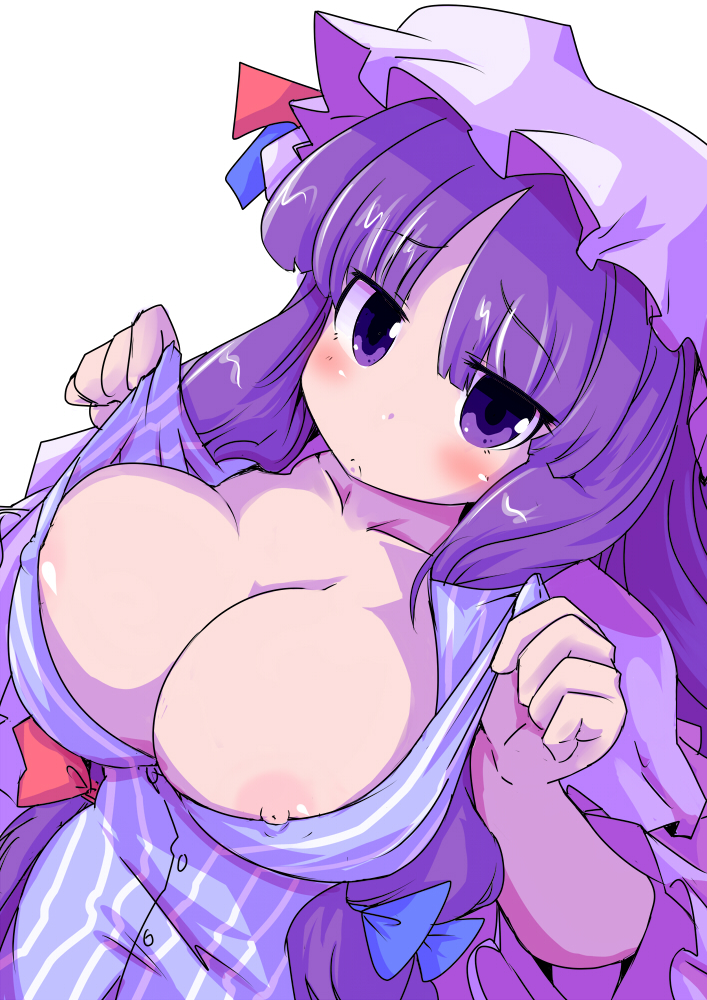 breasts bursting_breasts eruichi_(redphantom) hat large_breasts nipple_slip nipples patchouli_knowledge purple_eyes purple_hair solo touhou upper_body wardrobe_malfunction