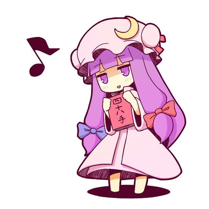 blush book chibi crescent dress hair_ribbon hat long_hair musical_note open_mouth patchouli_knowledge pink_dress purple_eyes purple_hair ribbon shijuuhatte simple_background smile solo taiga_mahoukan touhou translated white_background