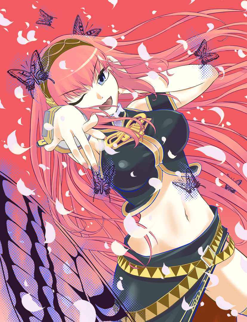 long_hair looking_at_viewer megurine_luka midriff navel one_eye_closed open_mouth pink_hair skirt solo vocaloid