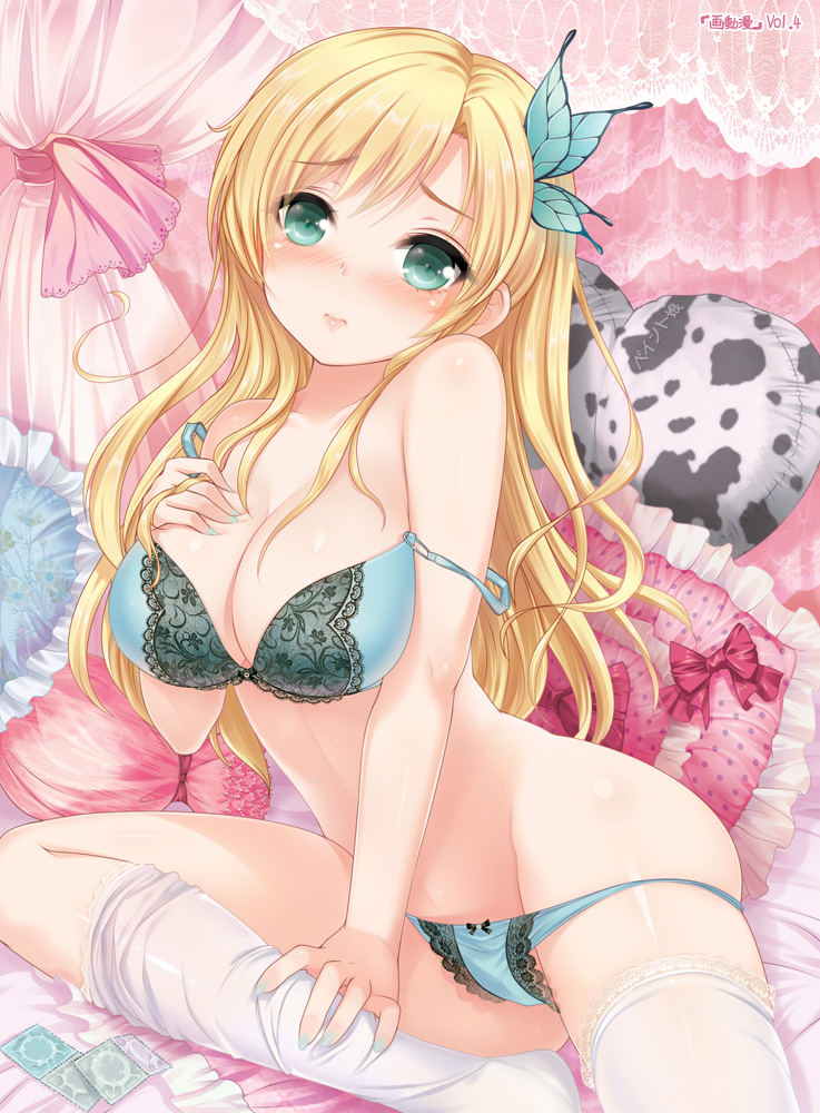 3: aqua_nails artist_name bangs bare_shoulders bed black_bow blonde_hair blue_bra blue_panties blue_pillow blush boku_wa_tomodachi_ga_sukunai bow bow_bra bow_panties bra breasts butterfly_hair_ornament cleavage closed_mouth collarbone condom condom_wrapper curtains embarrassed eyebrows_visible_through_hair feet_out_of_frame frilled_pillow frills from_side green_eyes groin hair_ornament hand_on_own_chest hand_on_own_leg heart heart_pillow hips indoors kashiwazaki_sena lace lace-trimmed_bra lace-trimmed_panties lace-trimmed_thighhighs leaning_to_the_side lingerie long_hair looking_at_viewer medium_breasts nail_polish off_shoulder on_bed panties panty_pull parted_bangs pillow pink_bow pink_pillow pink_ribbon polka_dot raised_eyebrows ribbon shiny shiny_skin sitting skindentation solo spread_legs straight_hair strap_slip thighhighs thighhighs_pull underwear underwear_only white_legwear white_pillow youqiniang
