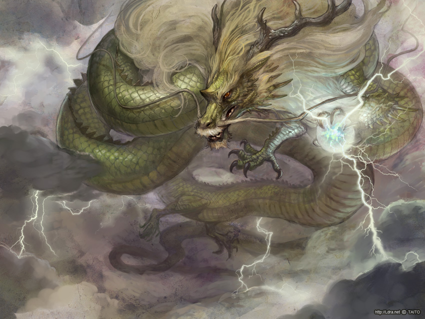 cloud copyright_request dragon eastern_dragon g.river lightning no_humans orb red_eyes storm
