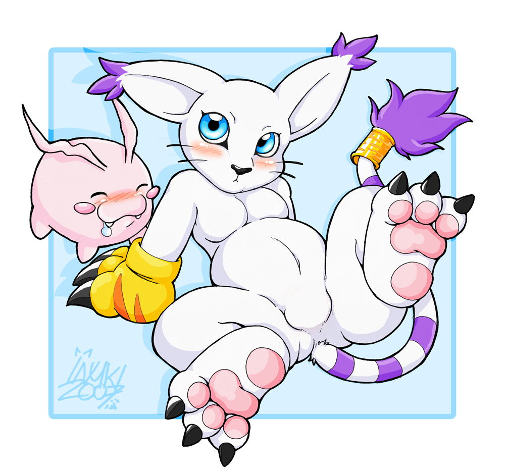 2007 anus blue_eyes blush breasts butt chubby claws digimon female gatomon hindpaw inuki leaning_back looking_at_viewer on_back overweight paw_gloves pawpads paws raised_leg sitting small_breasts spread_legs spreading tail tail_markings tail_ring tokomon whiskers white