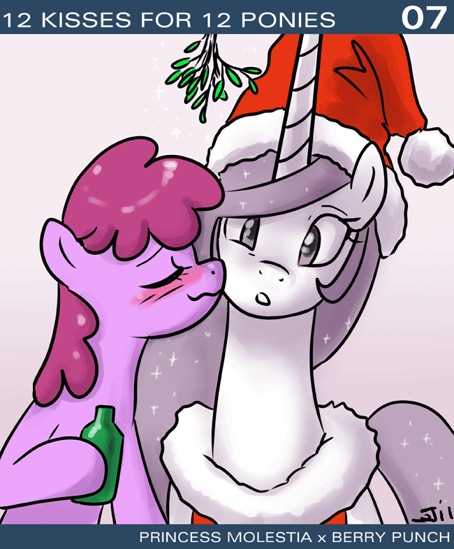 alicorn animal_ears berry_punch_(mlp) blush bottle drunk equine female feral friendship_is_magic hair hat horn horse john_joseco kissing lesbian mammal mistletoe my_little_pony pony princess_celestia_(mlp) princess_molestia_(mlp) tail tumblr