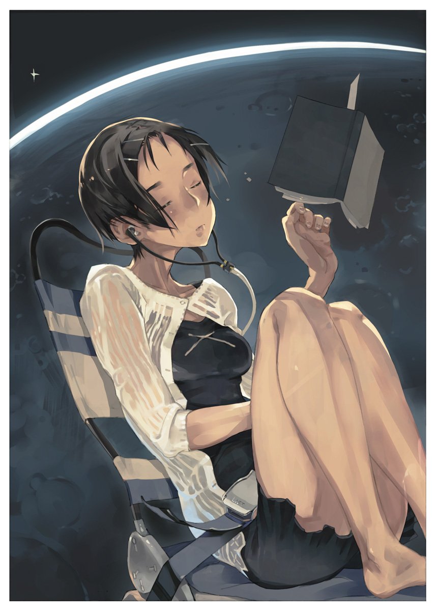 book chair closed_eyes copyright_request earphones floating_book hair_ornament hairclip highres knees_up moon open_book seatbelt short_hair sitting solo space star_(sky) zaimoku_okiba zero_gravity