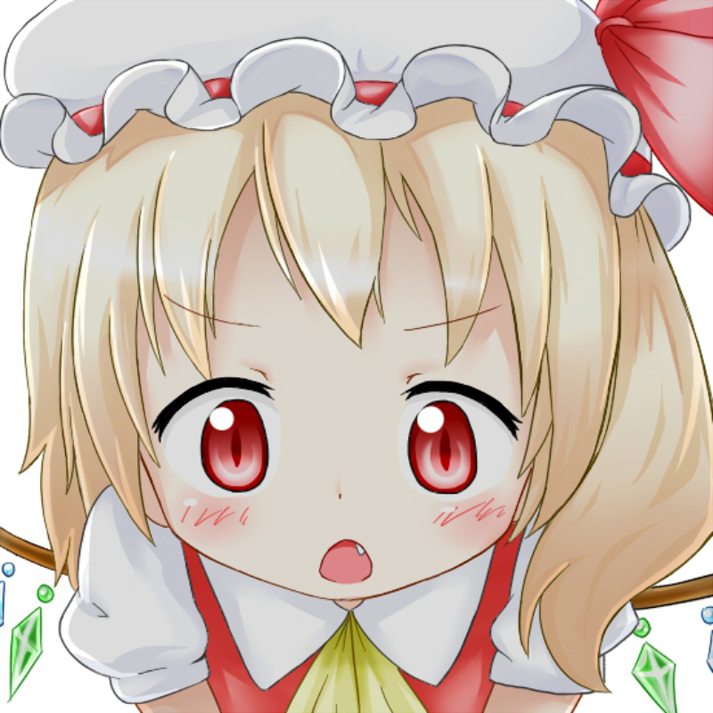 ascot blonde_hair fang flandre_scarlet looking_at_viewer m-kun open_mouth red_eyes short_hair side_ponytail solo touhou wings